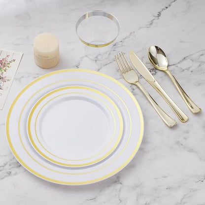BESTVIP 150PCS Plastic Dinnerware Set (25 Guests), Gold Disposable Plates for Party, Wedding, Christmas, Anniversary, Includes: Dinner Plates, Dessert Plates, Cups, Spoons, Forks and Knives