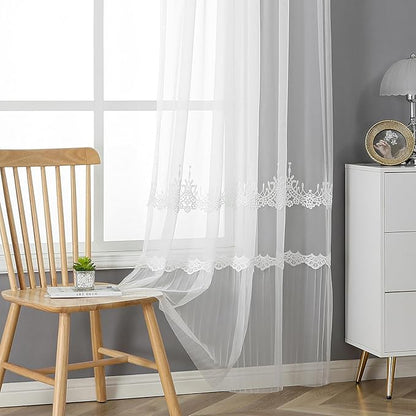 VISIONTEX White Sheer Voile Curtains, Decorative White Embossed European Rod Pocket Window Drapes for Home Kitchen, Living Room and Bedroom 54 x 95 Inch, Set of 2 Curtain Panels