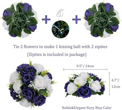 BLOSMON Navy Blue Flowers for Centerpieces: 10 Pcs Artificial Roses Flower Balls for Wedding Table - Fake Silk Kissing Bouquet Floral Arrangement for Home Party Event Decoration