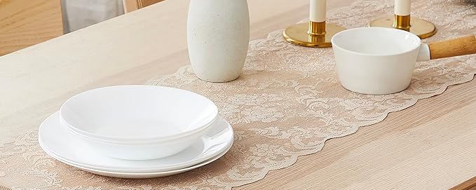 LinenZone Linen Table Runner with 2 Tassels for Rustic Vintage Decor. Lace Table Runner Works Great As Wedding, Thanksgiving, Christmas Decor (Mia 14 x 48, Linen)