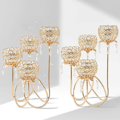 4 Arms Crystal Candelabra Tealight Holder - Tall 15.7 Inch Elegant Centerpiece with Crystal Pendant Bowls & Artistic Metal Stand for Wedding, Dining Table, Home Decor (2, Gold)