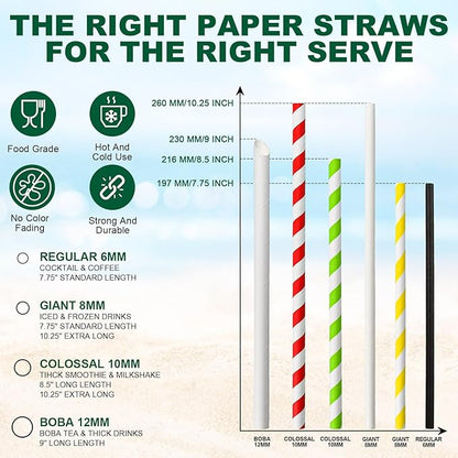 [10MM Wide] 10.25 Inch Extra Long Fat Sturdy Paper Drinking Straws for Smoothies, Milkshakes, Thick Frozen Drinks - 100 Counts, Colorful Stripes - Biodegradable