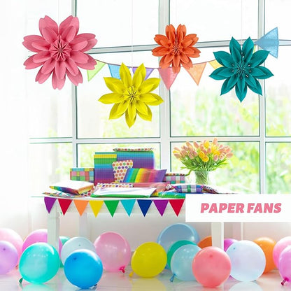 ADLKGG Hanging Colorful Paper Flower Fans Decorations, Flower Paper Fan Event Accessory for Tea Party, Wall Background Birthday, Wedding, Summer Party, Classroom Decor, Nursery Decoration, Set of 4
