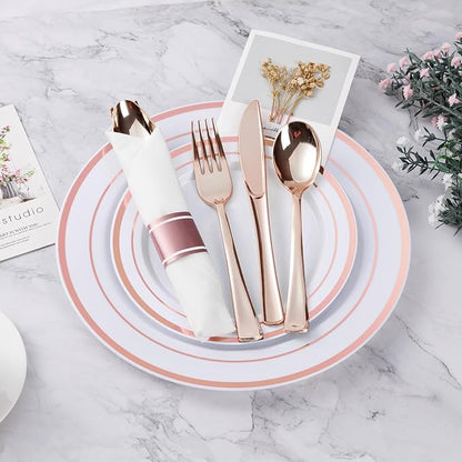 BESTVIP 100 Pack Pre Rolled Rose Gold Plastic Silverware Set, Disposable Wrapped Cutlery Set with 100 Napkins, 100 Knives, 100 Forks and 100 Spoons for Party, Birthday