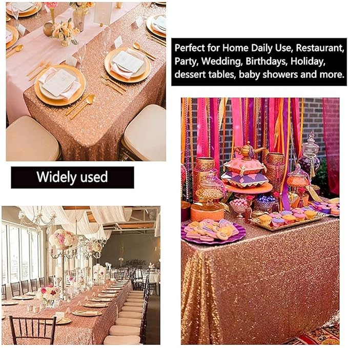 QueenDream Tablecloth 90x156 Rectangle Sequin Table Cloth Rose Gold Wedding Table Linens Glitter Birthday Bridal Party Indoor Outdoor Decorations