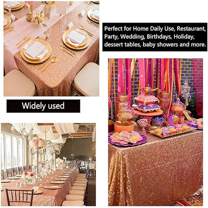QueenDream Tablecloth 90x156 Rectangle Sequin Table Cloth Rose Gold Wedding Table Linens Glitter Birthday Bridal Party Indoor Outdoor Decorations