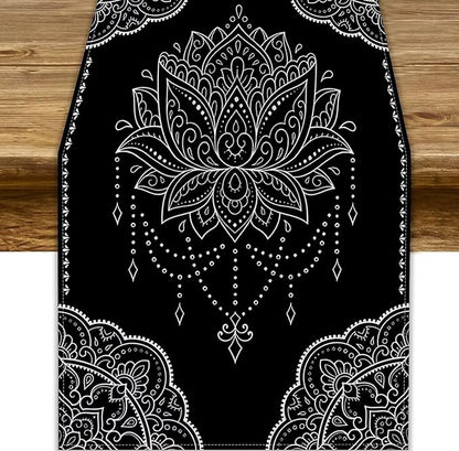 Lotus Flower Table Runner, Bohemian Ethnic Oriental Mandala Black White Floral Print Table Runner for Home Kitchen Dining Indoor Outdoor Dinner Party Decor, 13x120inch