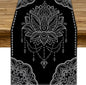Lotus Flower Table Runner, Bohemian Ethnic Oriental Mandala Black White Floral Print Table Runner for Home Kitchen Dining Indoor Outdoor Dinner Party Decor, 13x108inch