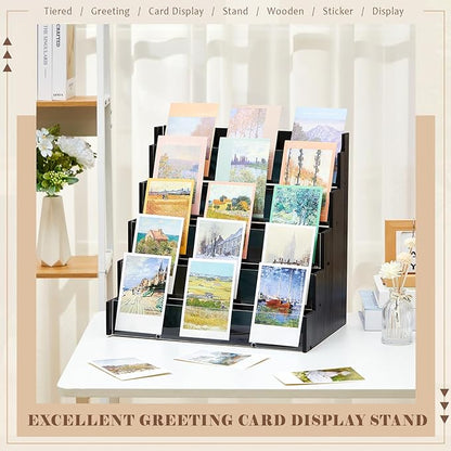 5 Tier Greeting Card Display Stand Black Bamboo and Acrylic Sticker Display Stand Trading Card Holder Retail Photos Shelf for Vendors Craft Collection & Show