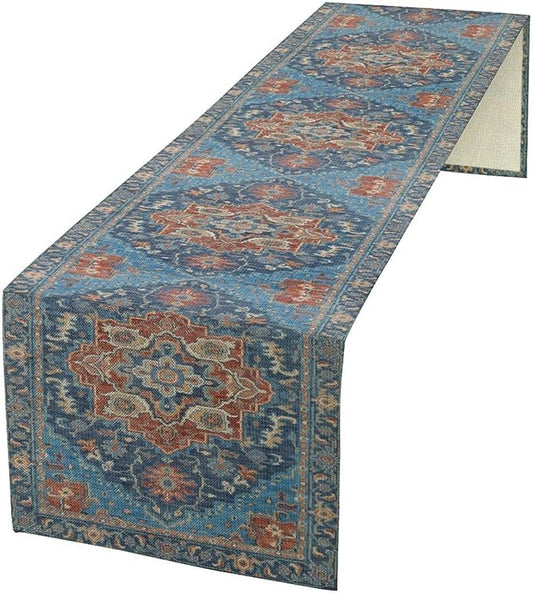 Boho Floral Vintage Table Runner, Retro Abstract Blue Flower Rustic Country Farmhouse Pattern for Home Kitchen Table Decor Dining Coffee Room Party Decor 13x90in