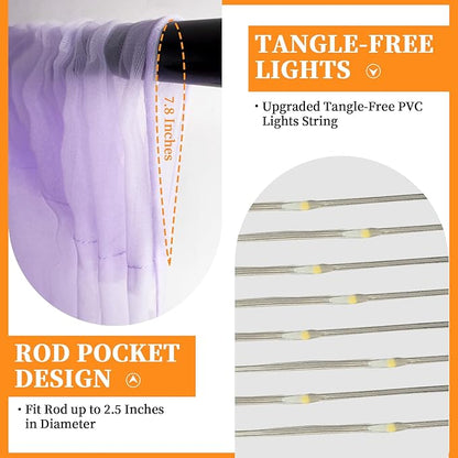 10x10ft Lavender Tulle Backdrop Curtain with Fairy Lights, Wrinkle-Free Sheer Wedding Backdrop for Birthday Parties, Baby Showers, Bridal Showers, Photo Shoots and Home Decorations, Lavender
