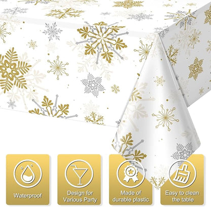 12Pcs Christmas Snowflake Party Tablecloths Decorations,Plastic White and Gold Table Cloth,Winter Rectangle Table Cover for Christmas New Year Birthday Baby Shower Holiday Party Decorations,54x108inch