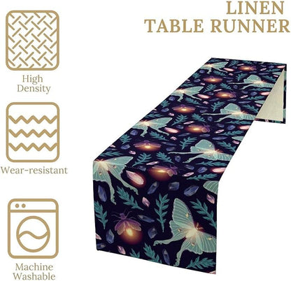 Moth Table Runner, Retro Boho Aesthetic Blue Moth Magic Table Runner for Home Kitchen Dining Party Indoor Outdoor Decoration 13x90 Inch