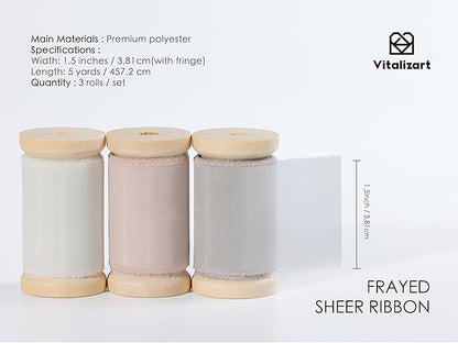 Vitalizart Organza Ribbon Frayed Sheer Organza White Pink Grey Set 1.5" Silk Like Ribbons for Valentines Day Gift Wrapping Craft Flower Bouquet Wedding Invitations Mesh Fabric 15 Yards