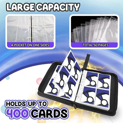 Trading Card Binder 4-Pockets, 400 Pockets Card Holder with 50 Removable Sleeves, Large Capacity & Waterproof Zipper Album Holder for Trading Card Collector, Portable Card Album Book for Card-Blue