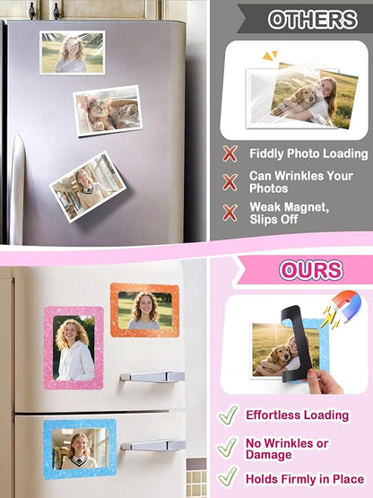 ANPHSIN 12Pcs Magnetic Picture Frame for 4x6in Photo - Cute Magnets Frames Fridge Decor Gifts for Girls Women, Home Refrigerator, Back to School Locker, Classroom Decorations Supplies, Shiny Dots
