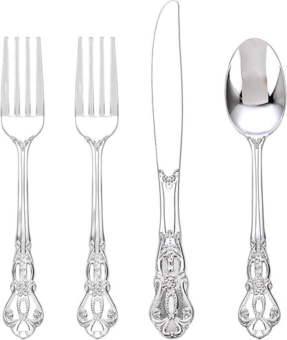 200PCS Silver Plastic Cutlery - Vintage Silver Disposable Silverware - Heavyweight Plastic Utensils with 100 Forks, 50 Knives, 50 Spoons For Catering, Parties, Dinners and Weddings
