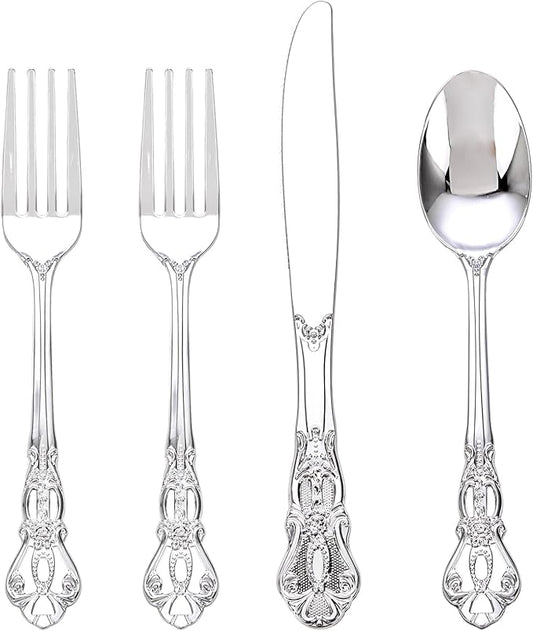 40PSC Silver Plastic Cutlery - Vintage Silver Disposable Silverware - Heavyweight Plastic Utensils with 20 Forks, 10Knives, 10 Spoons For Catering, Parties, Dinners and Weddings