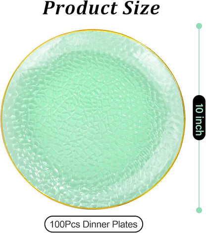 Rubtlamp 100 Pcs Green And Gold Plastic Plates - 10 inch Clear Green Gold Dinner Plates - Hammer Pattern Design - Fancy Disposable Platos - Heavy-Duty Party Platos Ideal for Wedding