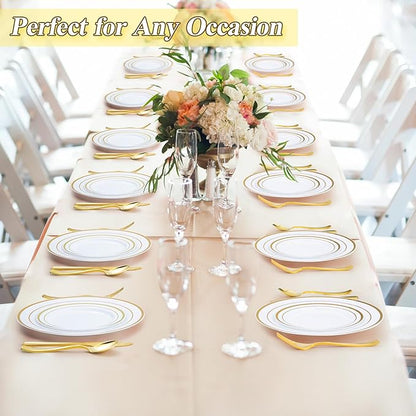 100PCS White Plastic Plates Set with Gold Rim, 50 10.25 inch Heavy Duty Dinner Plate and 50 7.5 inch Dessert Appetizer Plates, Premium Disposable Plates for Party, Wedding, Birthday