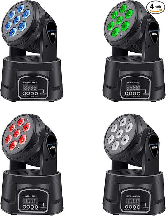 BETOPPER Moving Head RGBW, DJ Lights, Sound Activated/DMX Lighting, Moving Head Lights for Stage, Party, Live, DJ, Bar, Disco Lighting (7x8W 4 Packs)