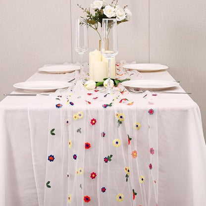 6PCS Lvory Floral Table Runner 10 FT, Embroidery Daisy Table Runners Seasonal Sheer Tulle Table Runner for Thanksgiving Wedding Birthday Baby Shower Party ﻿