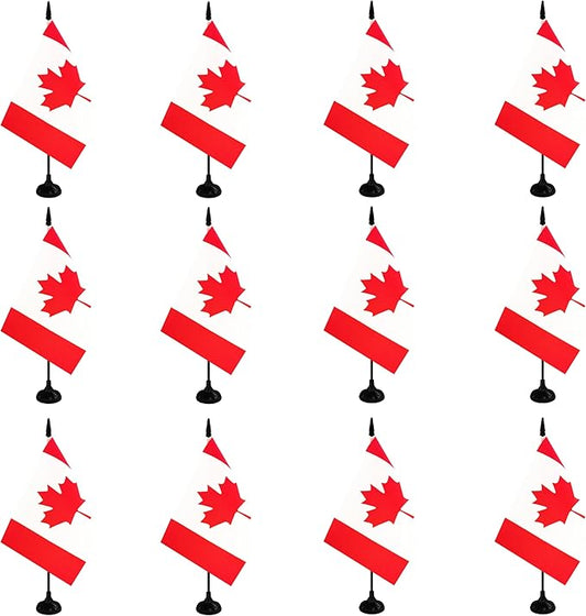 Canada Desk Flag, 12 Pack Canadian Table Office Flag with Black Solid Pole and Stand Base, International Country Flag, Festival Celebration, Classroom Meeting Desktop Decor (Canada)