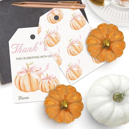 50pcs Little Pumpkin Thank You Tags, Pink Bow Fall Theme Favor Tags for Girl Coquette Baby Shower and Birthday Party Gift Wrapping Decoration (Pink Bow)