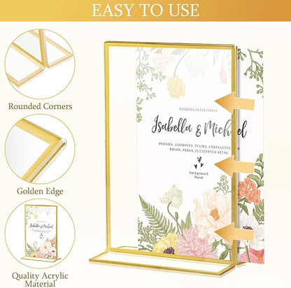 Hoteam 24 Pack 5 x 7 Clear Acrylic Sign Holder with Gold Borders, Gold Picture Frame, Double Sided Wedding Table Number, Acrylic Menu Stands for Wedding Table, Restaurant Sign, Photos Display