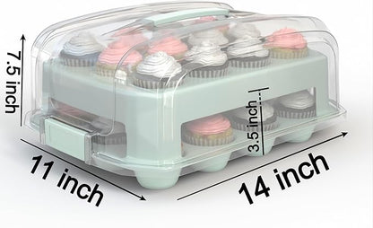 Cupcake Carrier, EXTRA TALL LID, Green Cupcake Holder Carries 24 Standard-Size Cupcakes, Muffin Traveler Two Tier Stand Reusable Cupcake Box