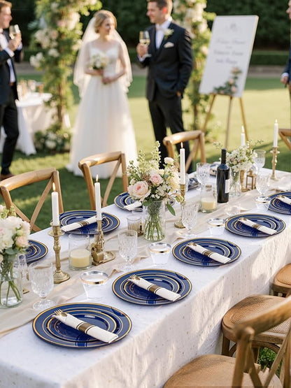 350PCS Blue and Gold Plastic Plates - Navy Blue Plastic Plates with Rolled Napkins - Include 25 Dinner Plate 10’’, 25 Dessert Plate 7’’, 25 gold Cups 9 OZ, 25 Pre Rolled Napkins for Party/Wedding