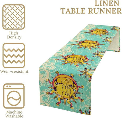 Retro Sun Moon Table Runner, Phase of The Moon Vintage Cloud Table Runner for Kitchen Dinner Living Room Table Runner Yellow Floral, 13x108 Inch Yellow Blue