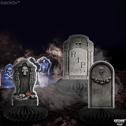 KatchOn, Halloween Tombstone Honeycombs - Pack of 12 | Halloween Table Centerpieces for Tombstone Halloween Decorations | Graveyard Tombstone Paper Honeycombs, Halloween Party Decorations