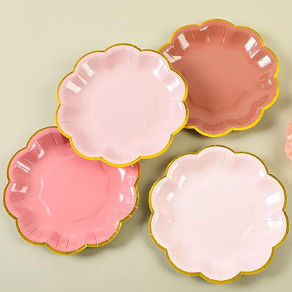 Dusty Pink Gradient Color Dessert Paper Plates, 7 inch Gold Foil Scalloped Edge, Disposable Cake Plates for Tea Party, Birthday, Baby Shower, Wedding Party Supplies (48, Dusty Pink)