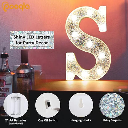 Pooqla Light Up Letters, LED Marquee Letters for Silver Birthday Decorations, Battery Powered Night Light Teenager Girl Room Decor, Gift for Girls Boys Wedding Bedroom Christmas Party Decor, Letter E