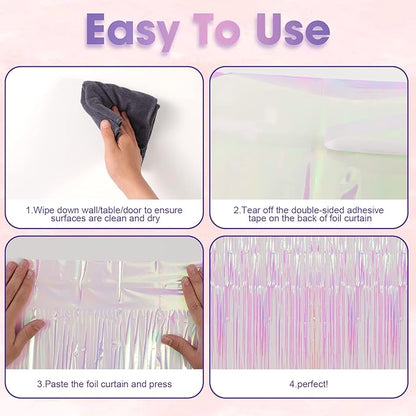 4 Pack Iridescent Transparent Foil Fringe Backdrop Curtains, Tinsel Streamers Birthday Party Decorations, Fringe Backdrop for Graduation, Baby Shower, Gender Reveal, Disco Party