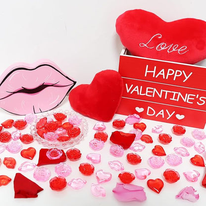 Fangoo 180PCS Red Pink Acrylic Heart Ornaments Mini Acrylic Heart Rose Flower Lips Gems for Valentine Vase Filler Decor for Table Scatter Engagement Valentine's Day Wedding Anniversary Party