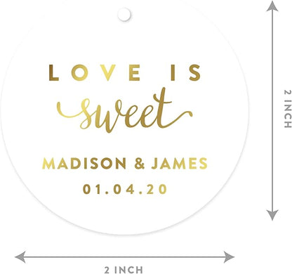 Andaz Press Personalized Round Circle Wedding Gift Tags, Metallic Gold Ink, Love is Sweet, 24-Pack, Custom Made Any Name