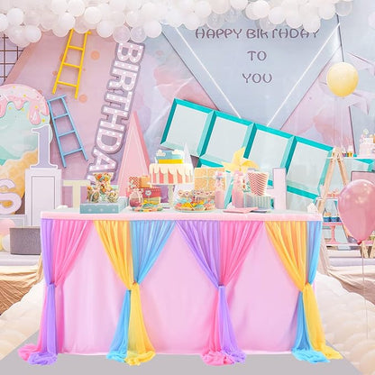 9ft Unicorn Tulle Table Skirt for Rectangle Tables or Round Tables Tutu Rainbow Tablecloth for Birthday Party Baby Shower Girl Boy Wedding Party Dessert Buffet Banquet Table Decorations