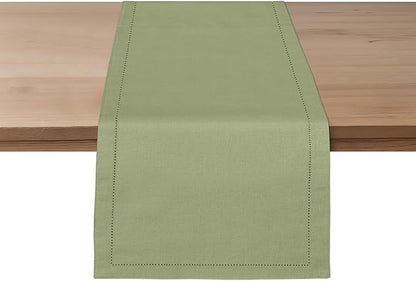 Ruvanti Linen Table Runner 72 Inches, Classic Hemstitch, Washable, Reusable, Non-Slipping, Stain Resistant- Perfect for Parties, Weddings, Dinners, Thanksgiving, Christmas, Indoor use – Olive