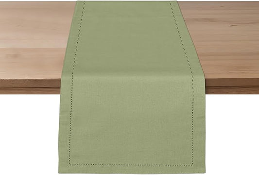 Ruvanti Linen Table Runner 72 Inches, Classic Hemstitch, Washable, Reusable, Non-Slipping, Stain Resistant- Perfect for Parties, Weddings, Dinners, Thanksgiving, Christmas, Indoor use – Olive