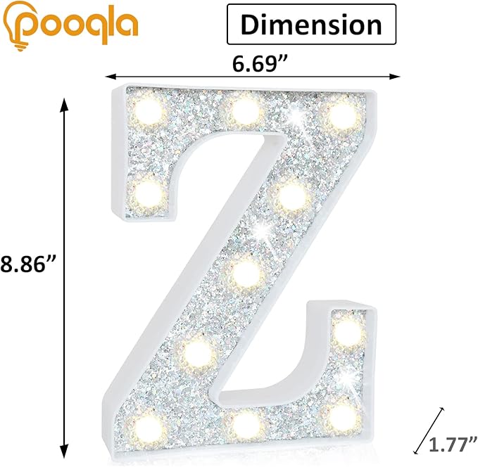 Pooqla Light Up Letters, LED Marquee Letters for Silver Birthday Decorations, Battery Powered Night Light Teenager Girl Room Decor, Gift for Girls Boys Wedding Bedroom Christmas Party Decor, Letter Z