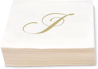 Gift Boutique 100 Gold Foil Monogram J Cocktail Napkins Disposable Paper Hand Towels for Wedding Baby Shower Holiday Party Powder Room Decor