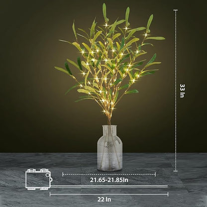 Olive Branches for Vases with Battery Operated Lights 33 Inches, 99LED Lighted Olive Tree Branches with Timer for Indoor Outdoor Spring Christmas Room Wedding Decoration