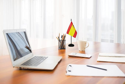 Spain Spanish Deluxe Desk Flag Set, Small Mini Miniature Spain Spanish Table Desktop Flags With Solid Pole, Black Base and Spear Top(2 Pack)