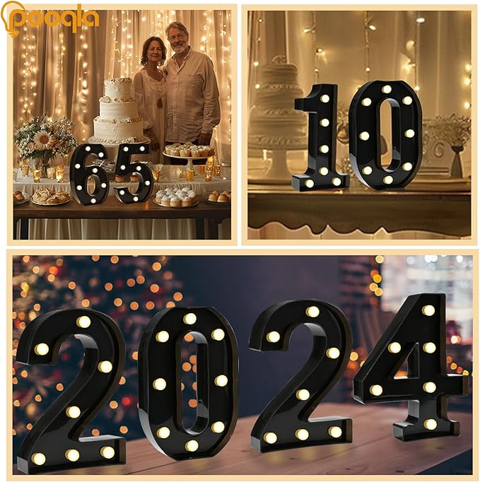 Pooqla Decorative Led Light Up Number Letters, Black Plastic Marquee Number Lights Sign for 80th Birthday Party Wedding Decor Battery Operated Black Decoration 80