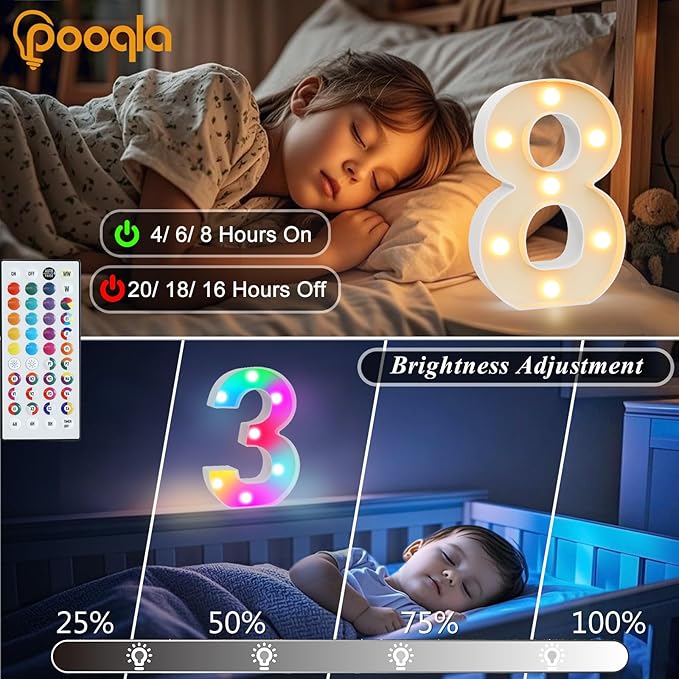 Pooqla Colorful Lighted Numbers with Remote, 35 Colors Light Up Numbers for Party, RGB LED Marquee Number Lights Gift for Girls Boys 8th Birthday Decoration Wedding Bar Night Light Home Decor Number 8