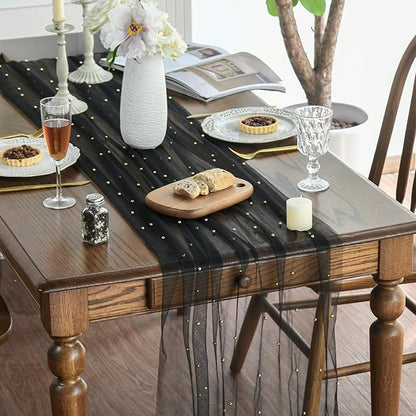Artoid Mode Pearl Black Gauze Table Runner 59x120 Inch , Seasonal Sheer Kitchen Dining Holiday Wedding Birthday Baby Shower Table Decor for Home Party