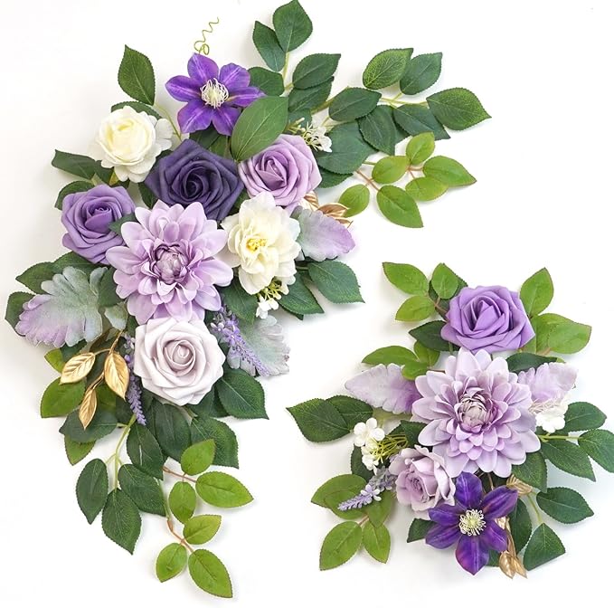 Wedding decor (pack of 2) Welcome Sign Flower Backdrop Garland For Ceremony Reception Wall Easel Home Decoration Entryway Faux Outdoor Board Head Table Decor (Lilic & Cream)