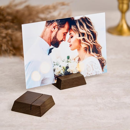 UNIQOOO 12 Pack Trapezoid Walnut Wood Stand |1.2mm Slot for Cardstock, Wedding Table Numbers Holders, Photo Holder, Photo Display Stand for Event Decor, Retail Shop, Cafe Restaurant Menu, Business Card, Name Tag